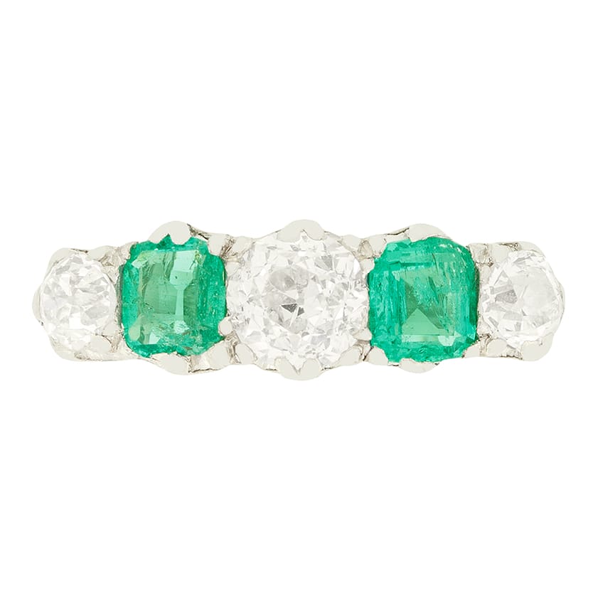 Art Deco 0.80ct Diamond and Emerald Five Stone Ring, c.1920s