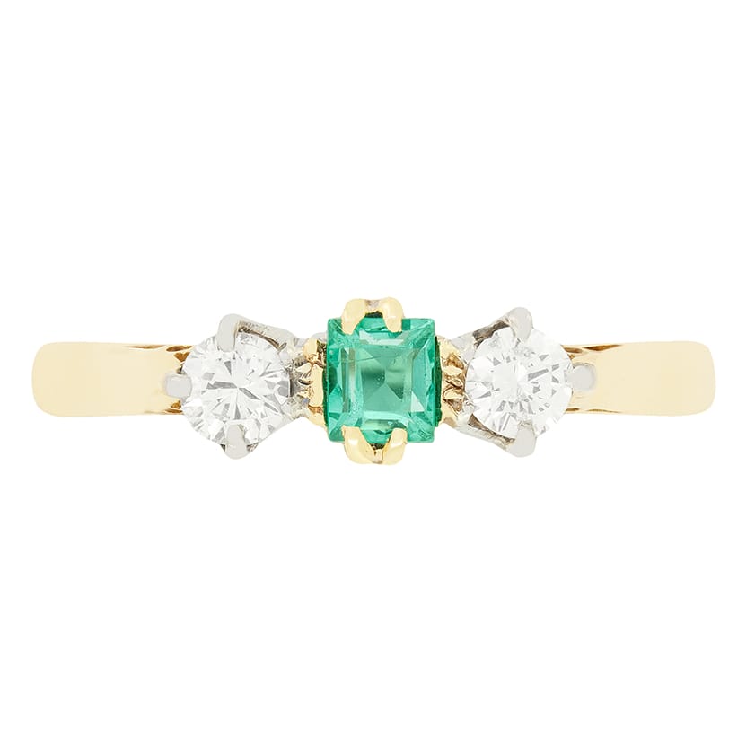 Antique 0.25ct Emerald and Diamond Three Stone Ring, c.1930s