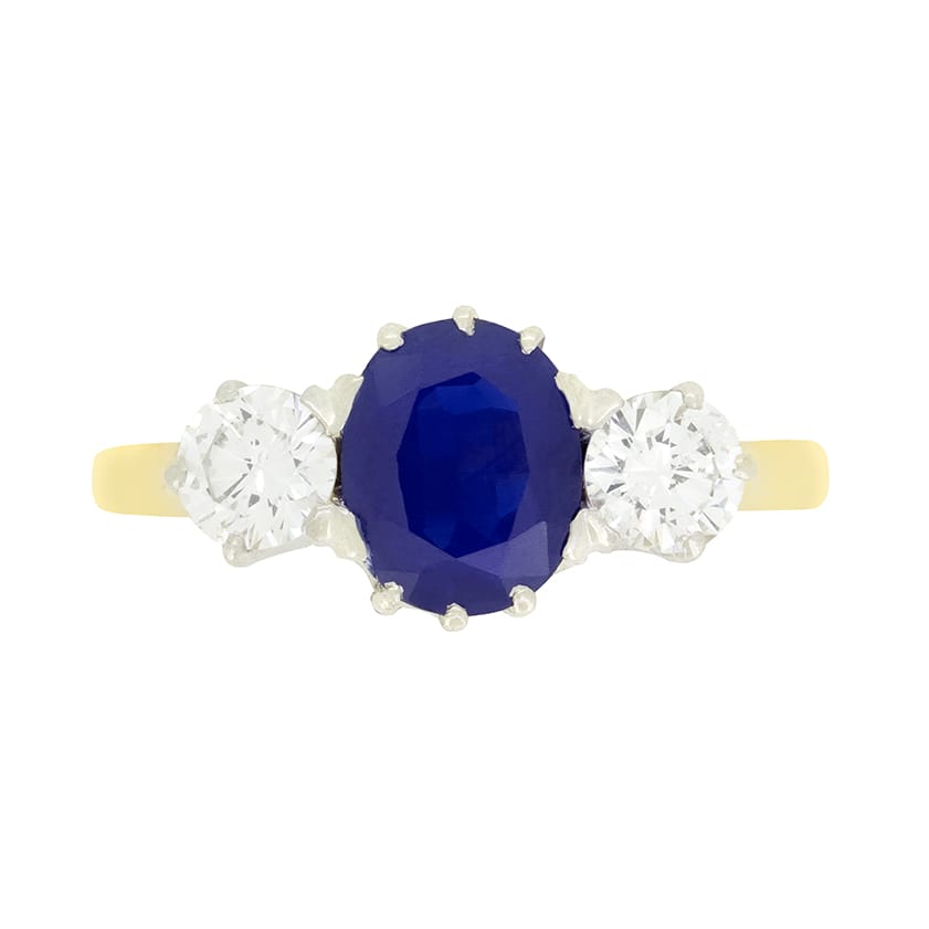 Vintage 1.30ct Sapphire and Diamond Three Stone Ring, c.1950s