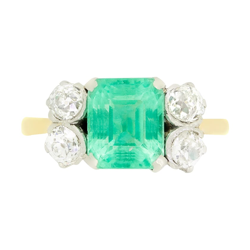 Edwardian 2.00ct Emerald and Diamond Five Stone Ring, c.1910s