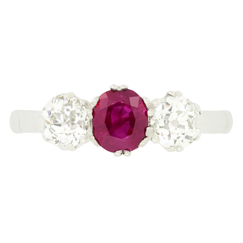 Art Deco 0.75ct Ruby and Diamond Three Stone Ring, c.1920s