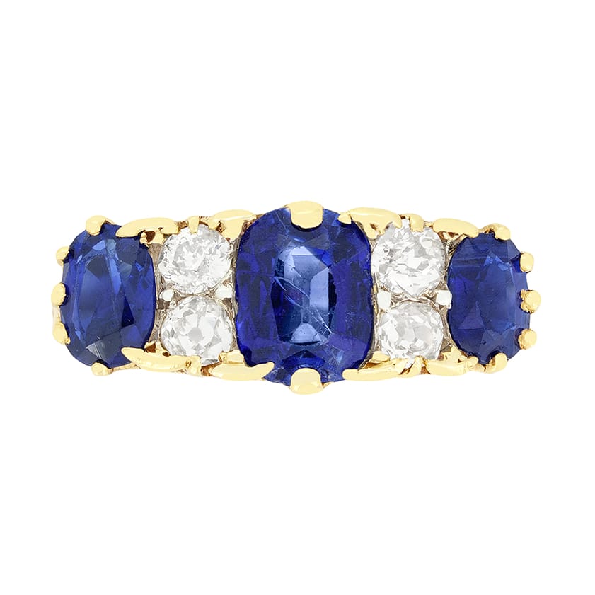 Victorian 2.20ct Sapphire and Diamond Carved Shank Ring, c.1880s