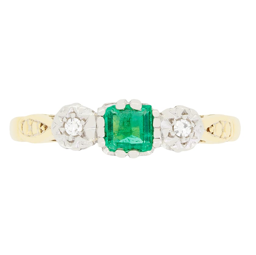 Edwardian 0.35ct Emerald and Diamond Three Stone Ring, c.1910s