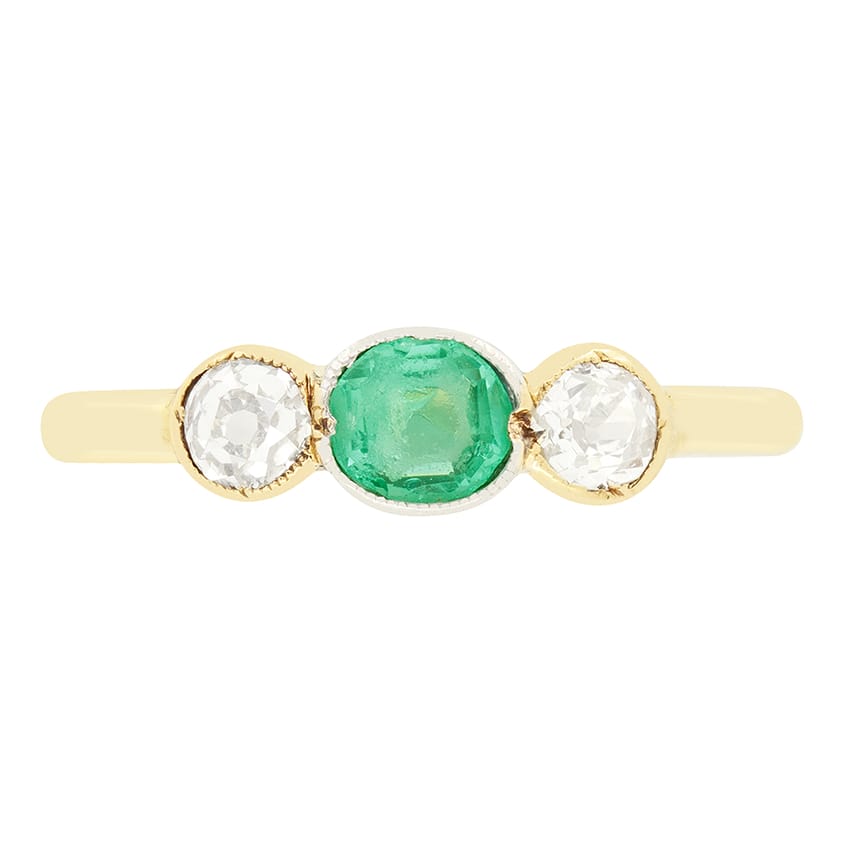 Edwardian 0.35ct Emerald and Diamond Three Stone Ring, c.1910s