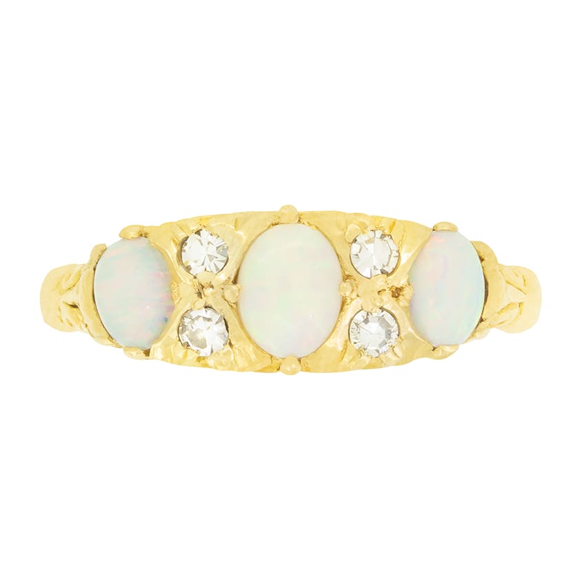 Vintage 0.70ct Opal and Diamond Three Stone Ring, hallmarked1961