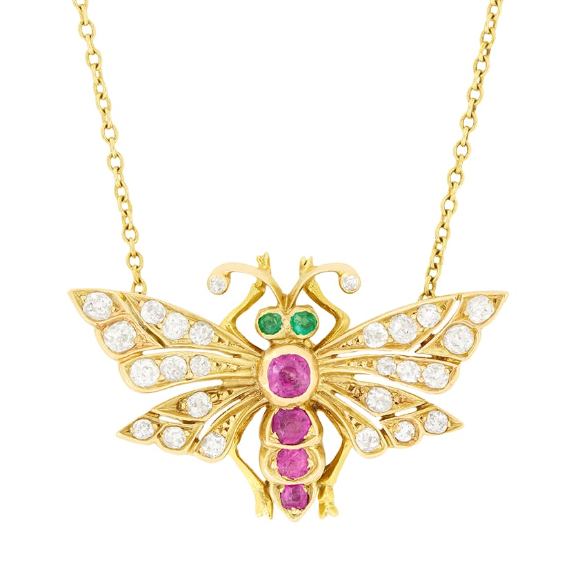 Antique 0.30ct Ruby, Diamond and Emerald Moth Necklace, c.1900s