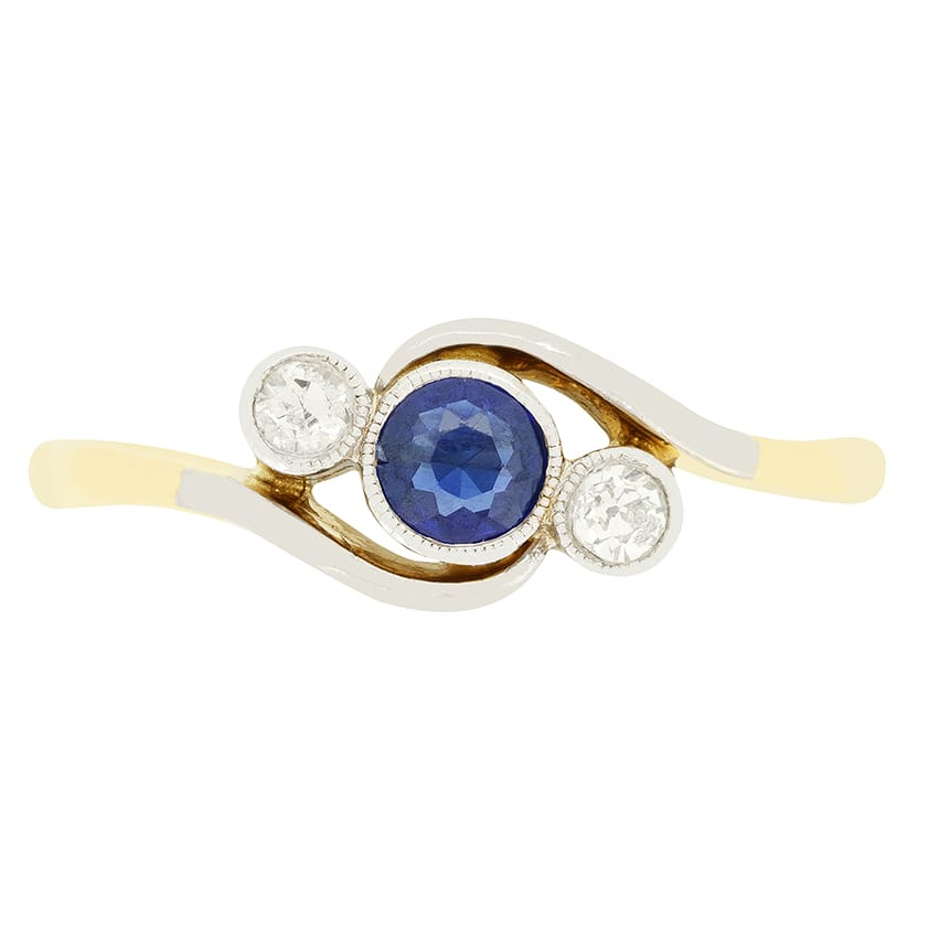 Edwardian 0.20ct Sapphire and Diamond Three Stone Twist Ring, c.1910s